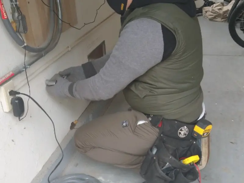 Electrician performing outlet wiring in a West Bountiful garage